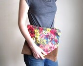 Vintage Floral and Suede Clutch / Zipper Pouch / Canvas and Leather Small Purse / Mothers Day Gift