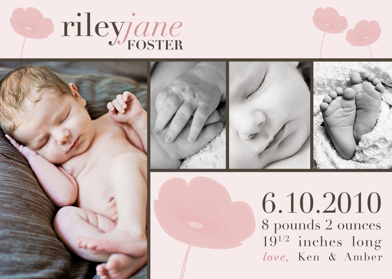 Birth Announcement photoshop card template - Modern Poppy