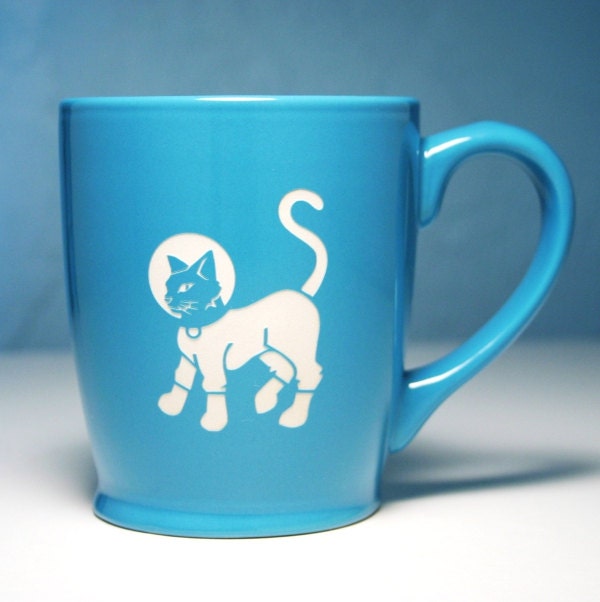 Astronaut Cat Mug - Sky Blue - large ceramic space coffee cup