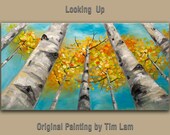 Abstract Landscape Painting Looking Up Forest Original huge modern acrylic on canvas by Tim Lam 48x24x1.3