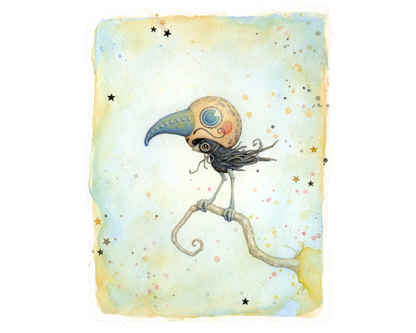 Signed art print: "Him". (A little bird in a dashing disguise) From an original watercolor by Leontine Greenberg. 8.5" x 11".