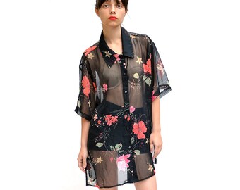 vintage SHEER floral button down top XL