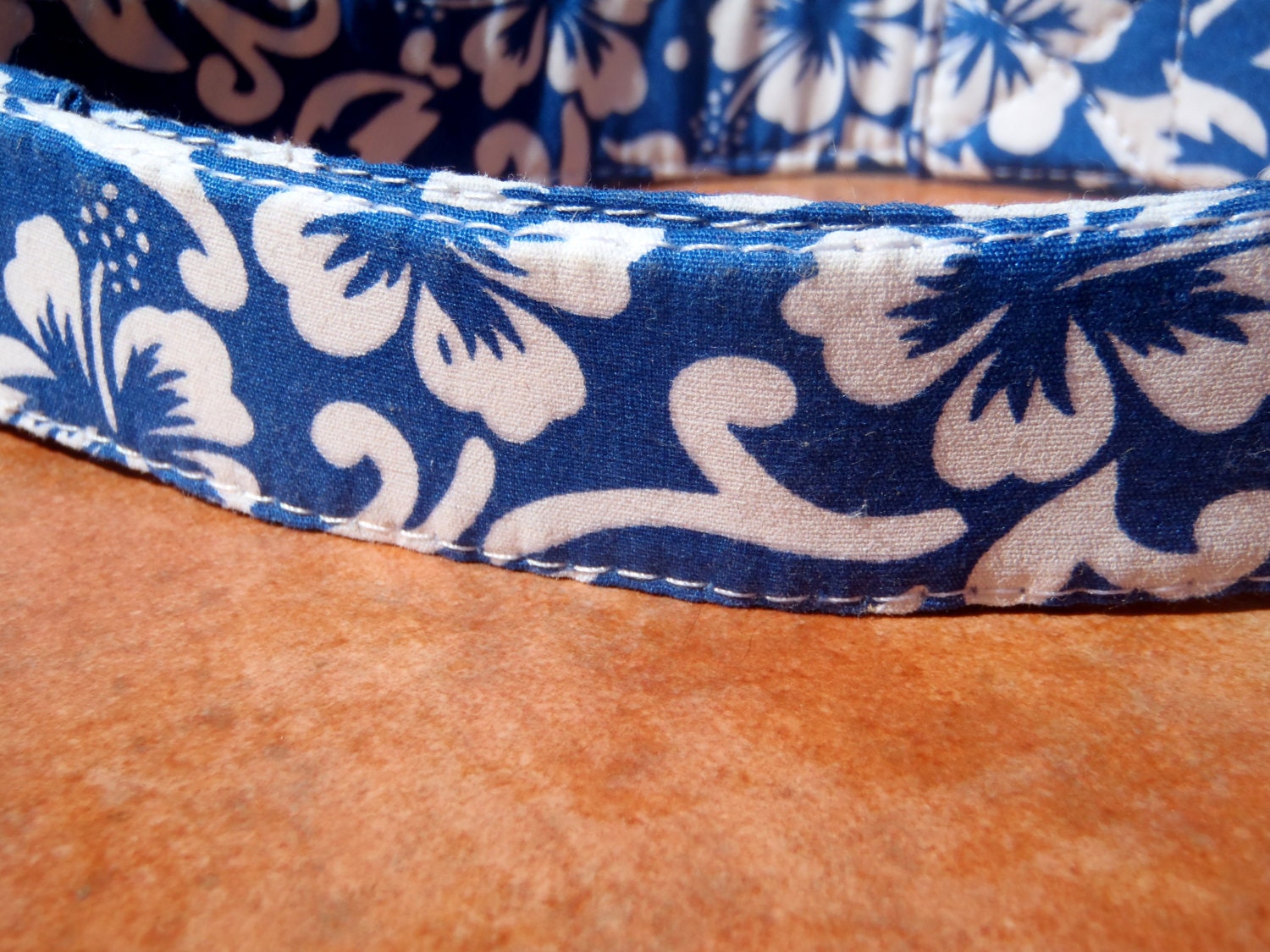 Blue Hawaiian - Organic Cotton MEDIUM Dog Collar Blue Flower Hibiscus - All Antique Brass Hardware