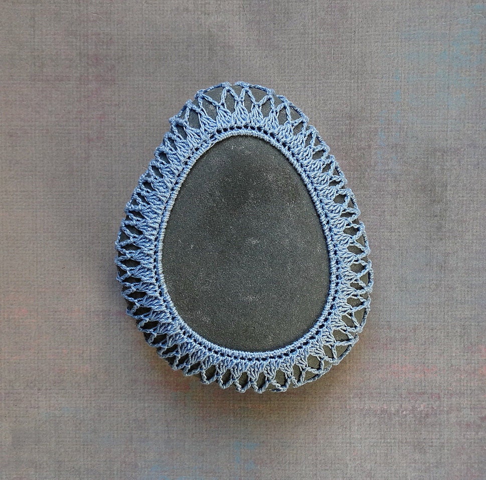 Art, Mixed Media, Crochet Lace Stone, Tribal, Original, Handmade, Table Decoration, Art Object, Collectible, Light Blue Thread
