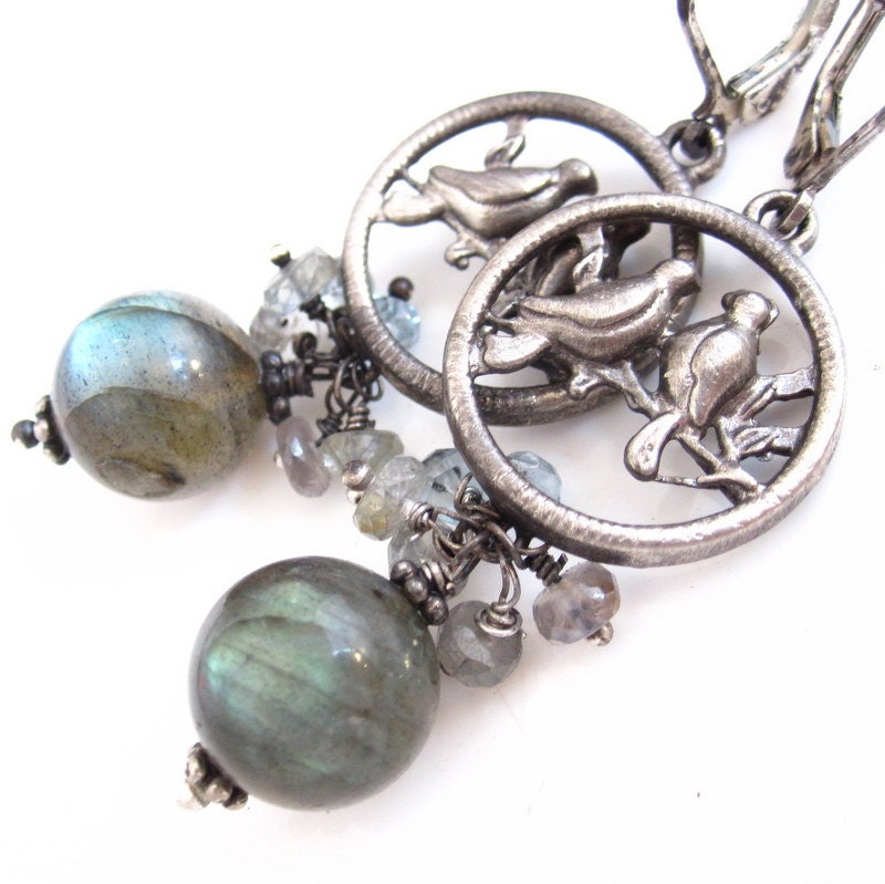 The Bird Song - Sterling silver, labradorite and gemstone earrings