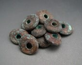 Naos - Green Copper Patina Cornflake Thick Small Disks Wavy Rondelles Spacers - Greek Ceramic Beads (10 pack) 9mm