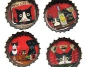 Funny Cat and Dog  with Wine and Martinis - Bottle Cap Magnets - Set of 4