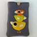 Phone cozy pouch gray wool with three needle felted yellow birdie birds
