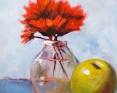 Red Still Life Oil Painting, Flowers and Fruit, Green Apple, Glass Vase, Original 6x6 on Canvas, Wall Decor