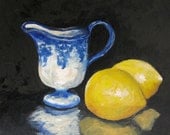 Flow Blue Creamer and Lemons 6" x 6" Original Painting on Ampersand Gessobord by Torrie Smiley