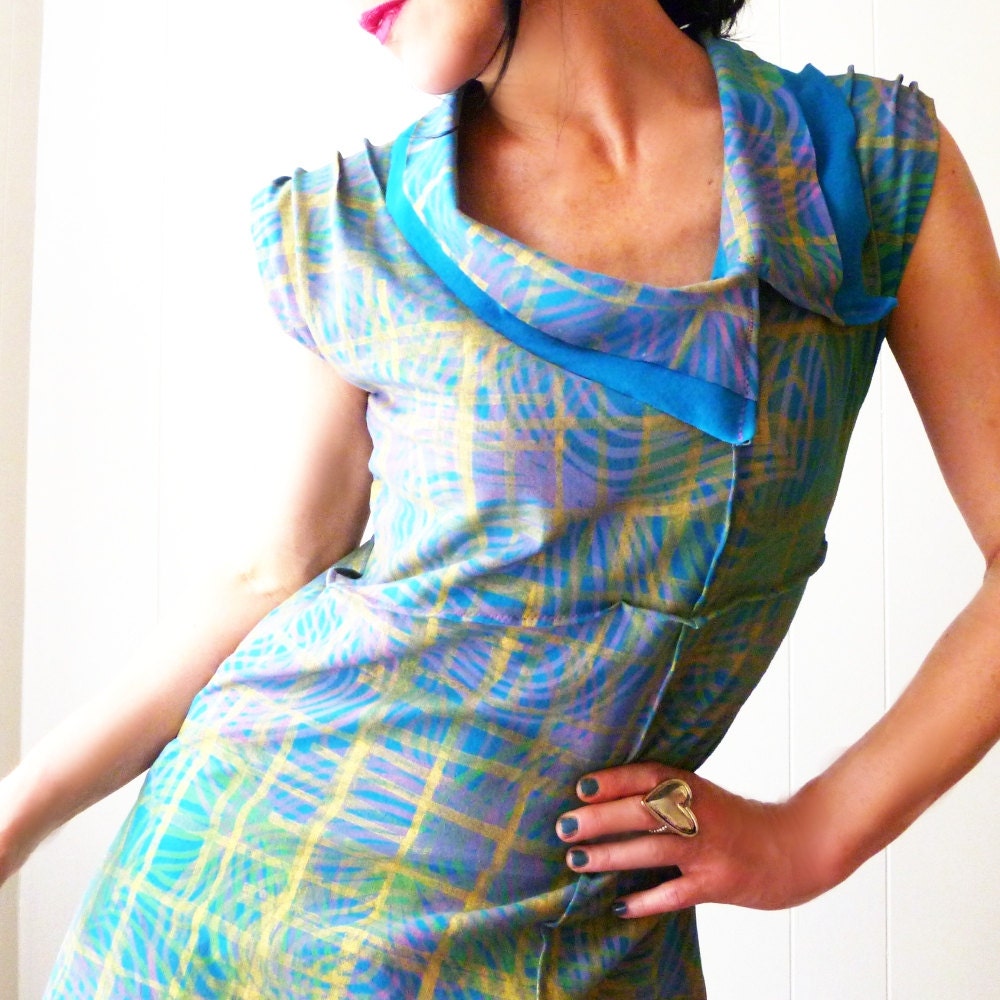 Signals  - iheartfink Handmade Hand Printed Womens Artistic Asymmetrical Cowl Tunic Mini Dress