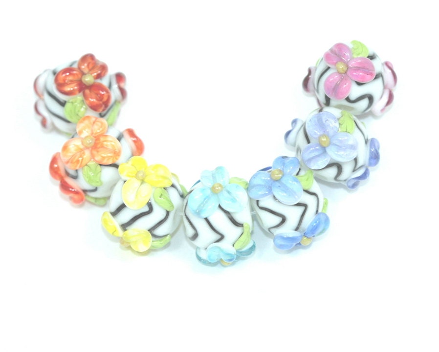 Lampwork Beads Handmade Glass Black and White Chevron with Watercolor Rainbow Flowers SRA red orange yellow green aqua blue purple pink etc