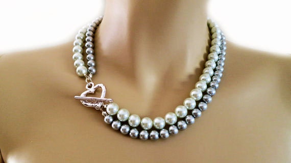 White Grey Double Pearl Wedding Necklace Brides Bridesmaids Bridal Swarovski Jewelry Heart Twisted Layered