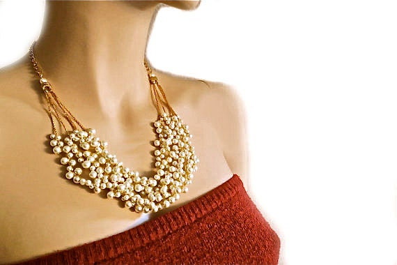 Elegant  Pearl Necklace in Gold for Brides - Bridesmaids - Mother of The Bride - Gold Glam Chunky Bib Pearl Necklace