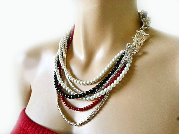 Black Red White Pearl Rhinestone Wedding Necklace Brides Bridesmaids Chunky Layered