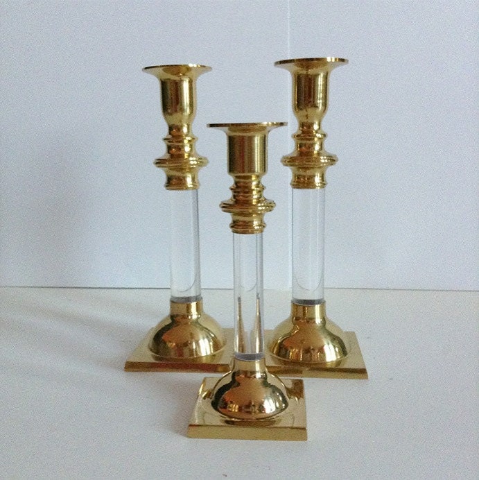 Set of 3  Hollywood Regency Brass and Lucite Candlesticks