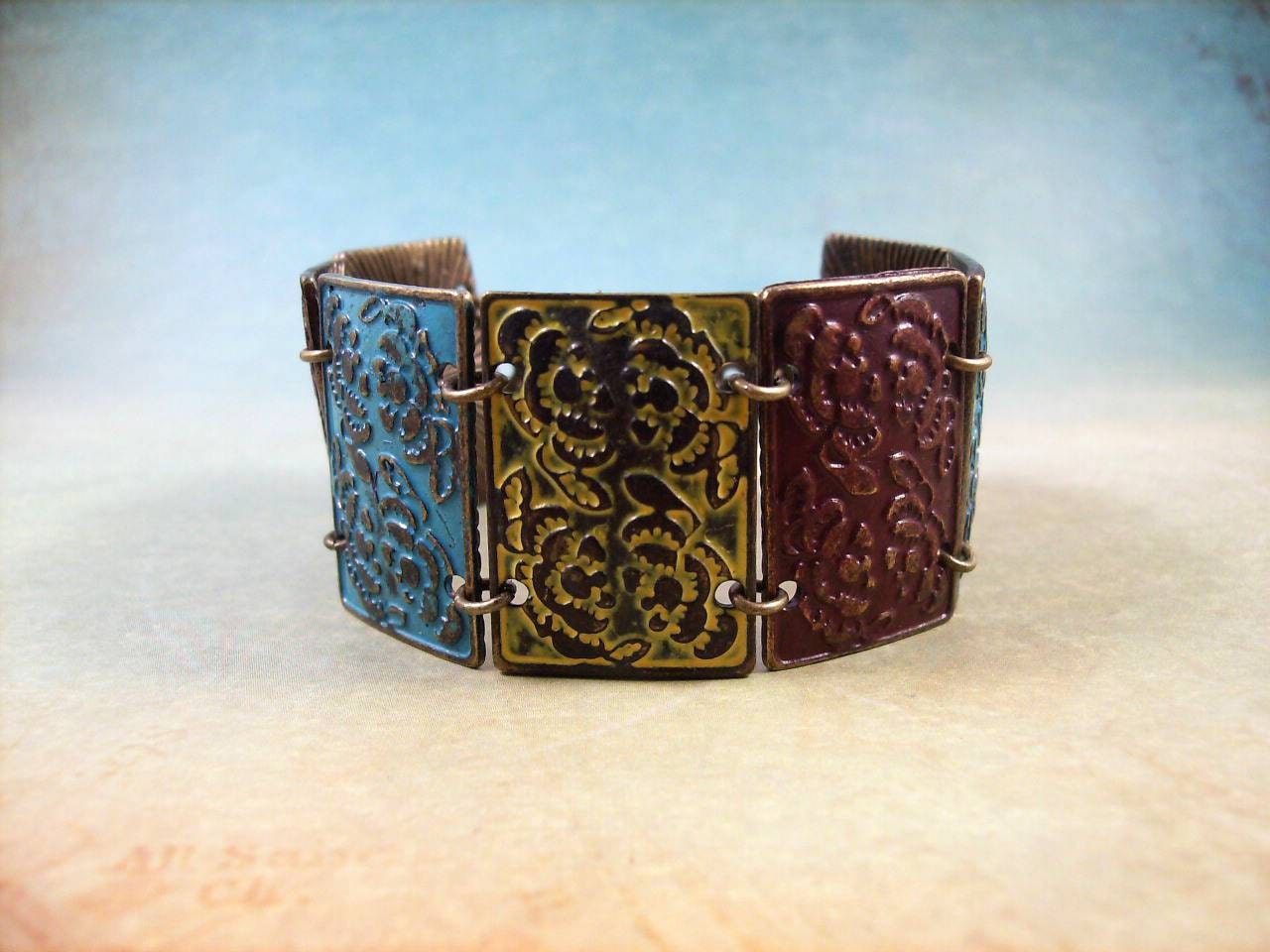 Metal Cuff, Rustic Brass Section Bracelet, Floral Design, Blue Red Yellow Bracelet, Free Shipping U.S.