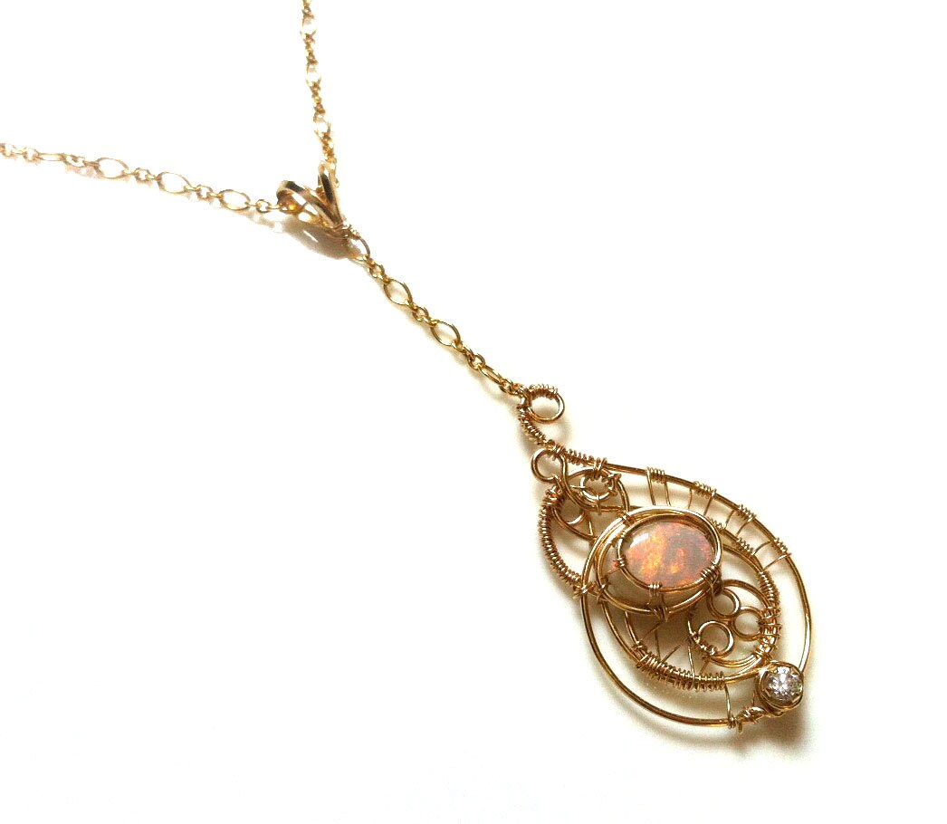 14k gold necklace with opal and diamond