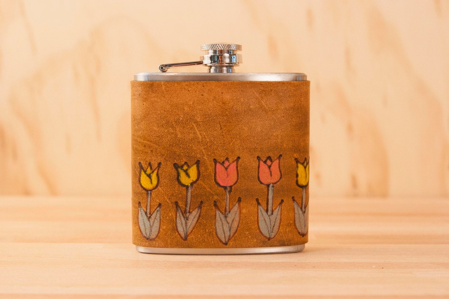 Holland Flask - Leather and Stainless Steel - Tulips in yellow, pink, sage and antique brown