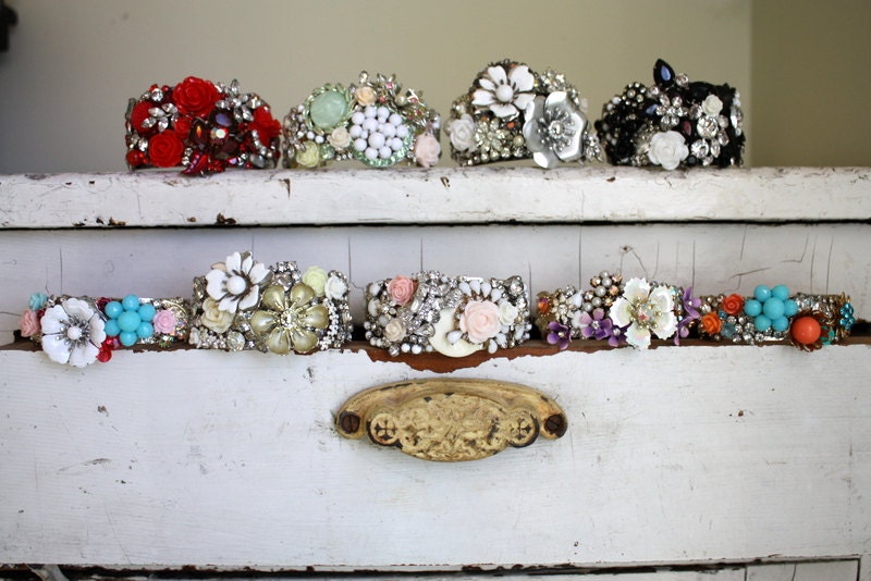 Bridesmaid jewelry, Collage cuff bracelets, 4 CUSTOM vintage assembly statement cuffs