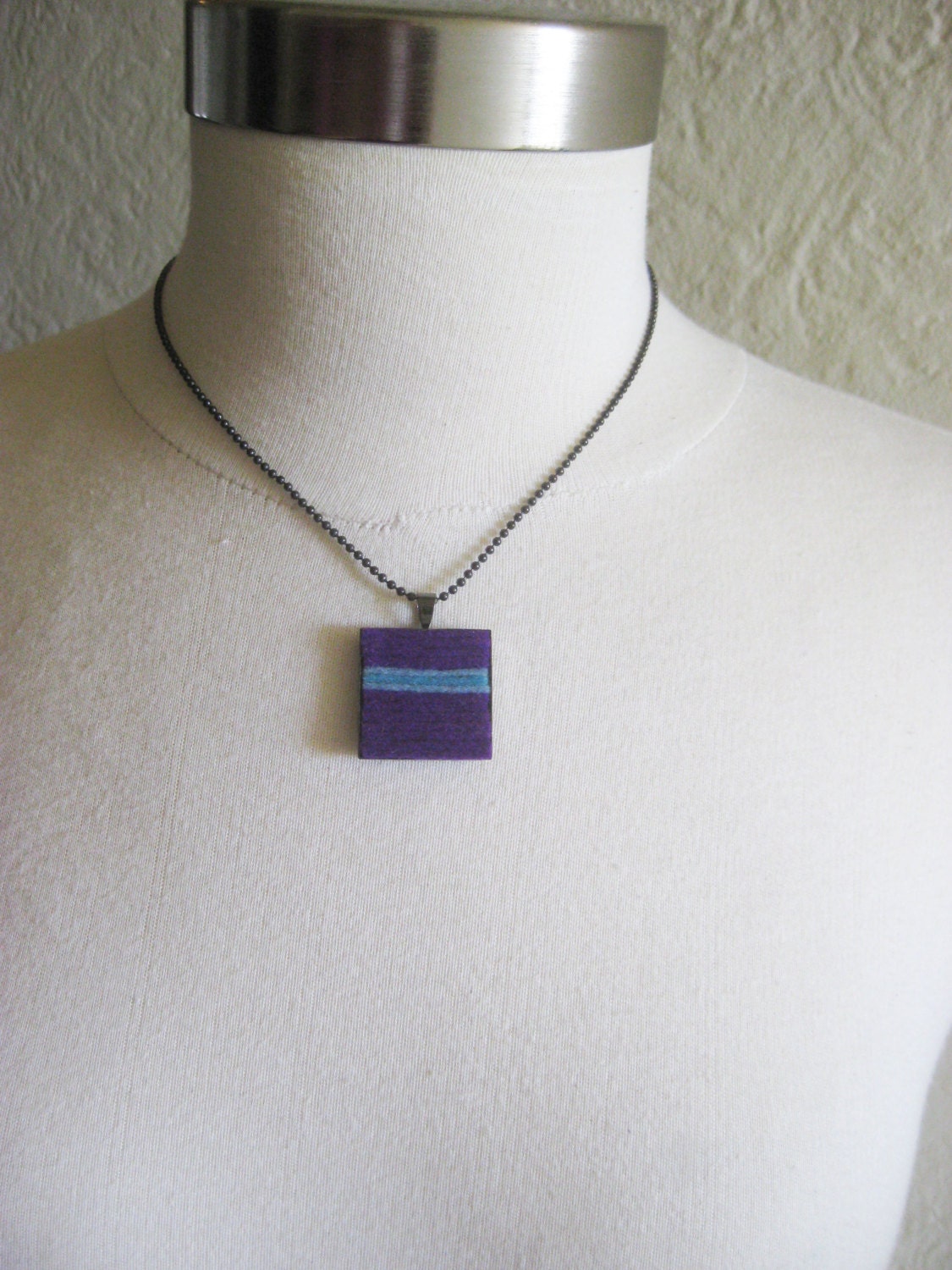 felt square necklace in turquoise and violet, one of a kind, simple pendant, ready to ship