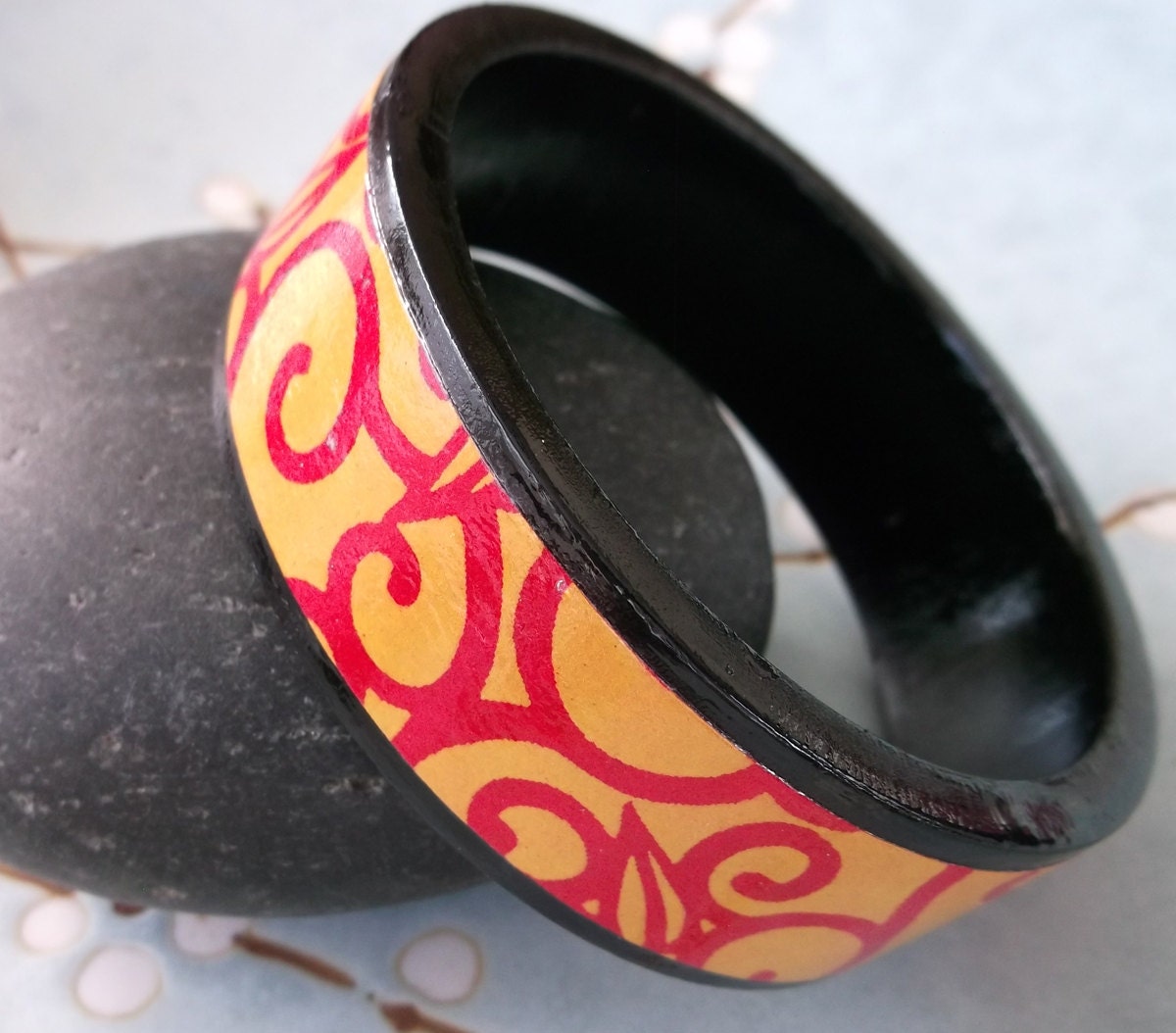 Bangle Bracelet Japanese Wood Chiyogami Washi - Crimson Swirls on Curry