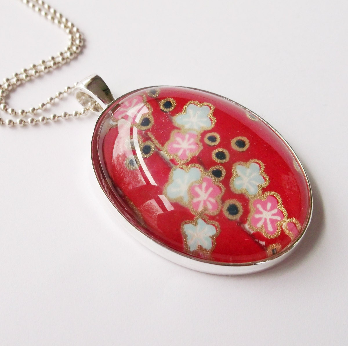 Japanese Glass Pendant Necklace Oval Chiyogami Silver ball chain. Sakura on Crimson