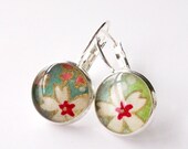 Turquoise and red Earrings Japanese Silver Chiyogami Leverback  - Spring Showers