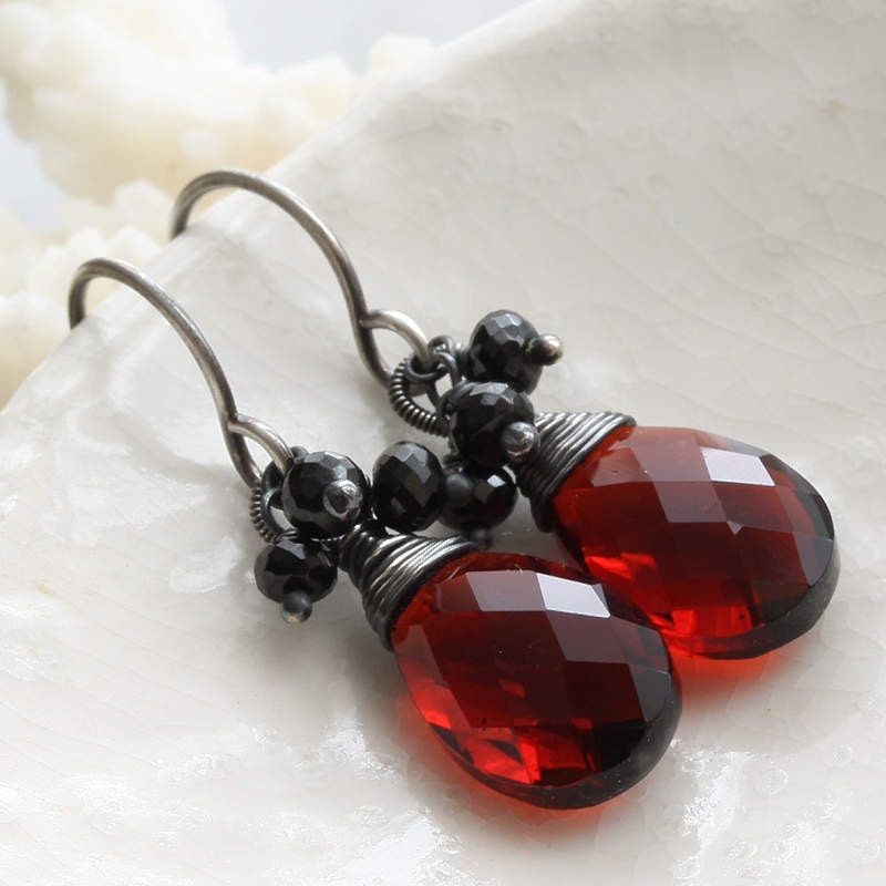 Poppy... red quartz briolette & black spinel drop earrings in oxidized silver