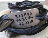 Rather Be Riding Wrap Bracelet, hand dyed silk ribbon in shades of blue and grey, great gift for the cyclist
