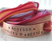 Personalized Mothers Bracelet, Pink, Orange, Lavender Silk Ribbon Wrap, aluminum or copper bar with hand dyed ribbon, 30 character max