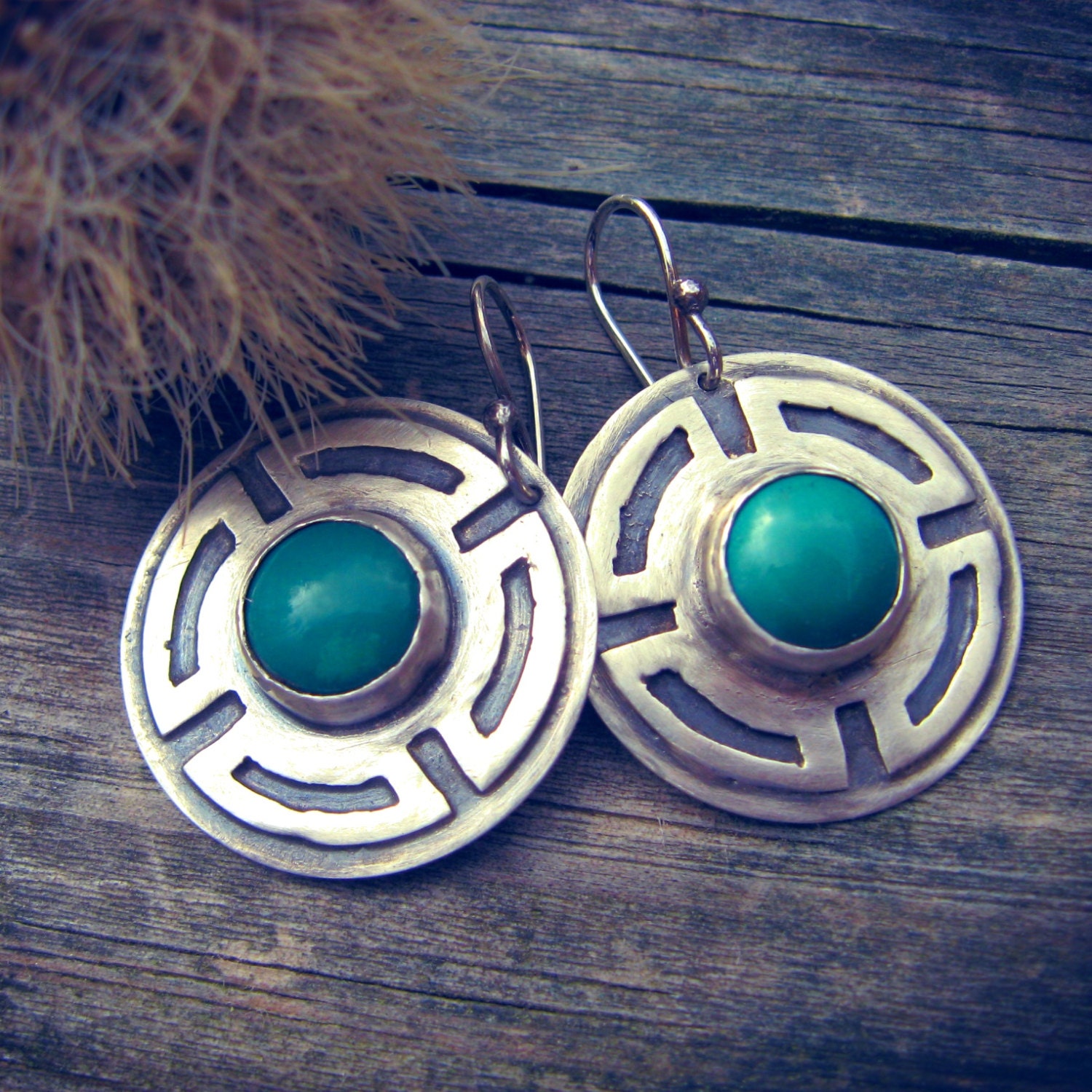 Green Turquoise earrings ... sterling silver turquoise earrings tribal design rustic earrings