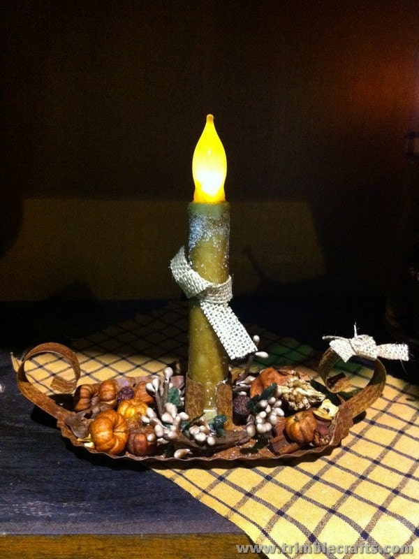 LED Candle in Rusty holder pipberries Primitive decor