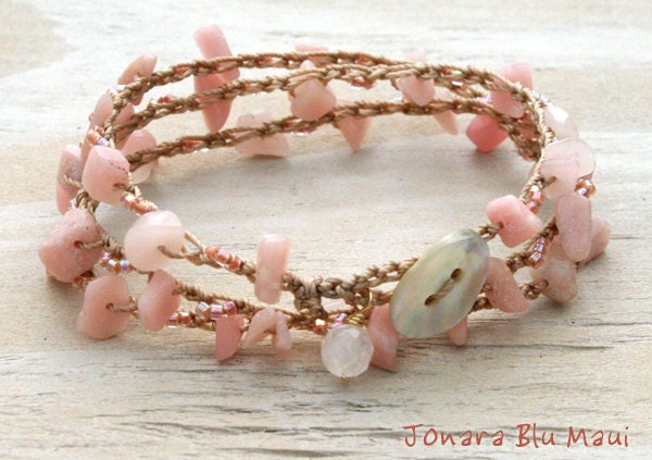Pink Opal Crocheted Wrap Bracelet - Necklace and Anklet, Beachy Boho