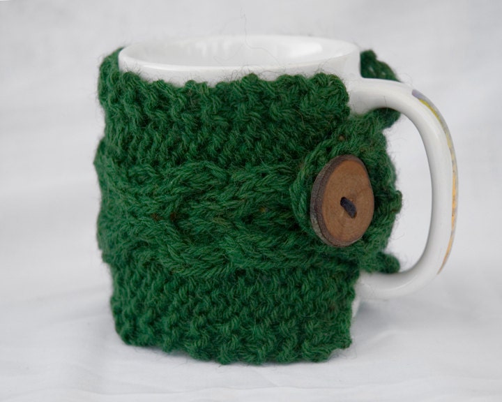 Pine Green Hand knit X's and O's Cabled Coffee Cup Cozy