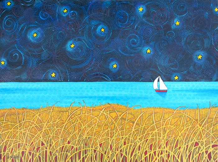 Night Sail Print Shelagh Duffett ( sailboat stars sky turquoise ocean seascape)