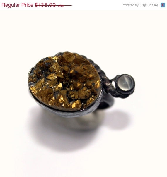 20% off sale Gold druzy ring, metallic gold rough druzy quartz, gray moonstone ring, sterling silver statement ring, art jewelry, one of a