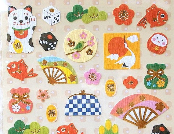 Japanese Chiyogami Stickers New Year Decorations Lucky Cat Mount Fuji (S45)