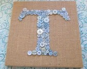 Baby Boy Nursery Wall Art, Children Wall Art, Personalized Nursery Monogram, Button Letter Canvas on Burlap, Unique Shower Gift