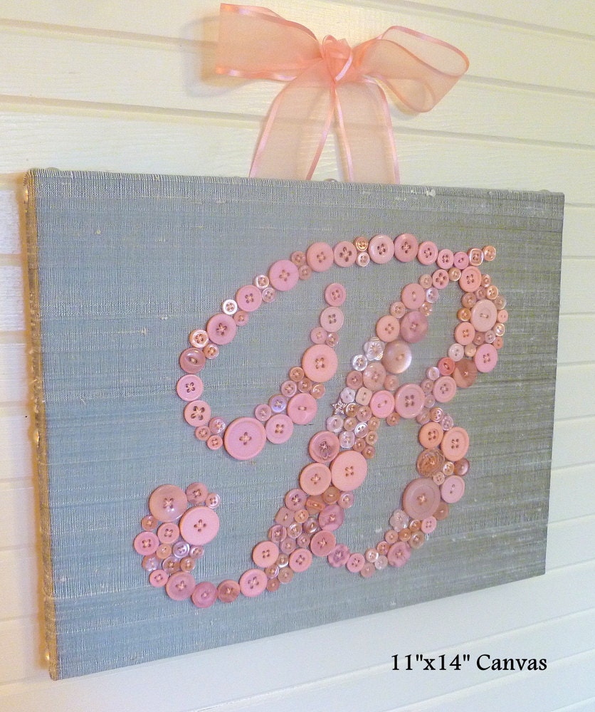 Baby Monogram Button Letter on Canvas -- Pink Buttons on Gray Grey Silk -- Unique Childrens Kids Letter Art