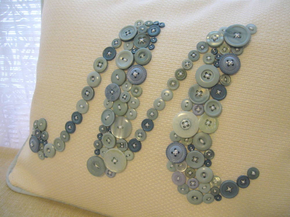Personalized Vintage Button Pillow, Decorative Pillow, Monogrammed Pillow, Recycled Vintage Blue Button Mix,