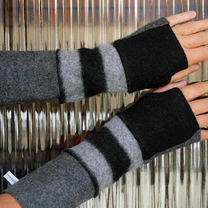 Wool Arm Warmers Felted Sweater Repurposed Fingerless Gloves Mittens- Black and Grey Stripey Stripes