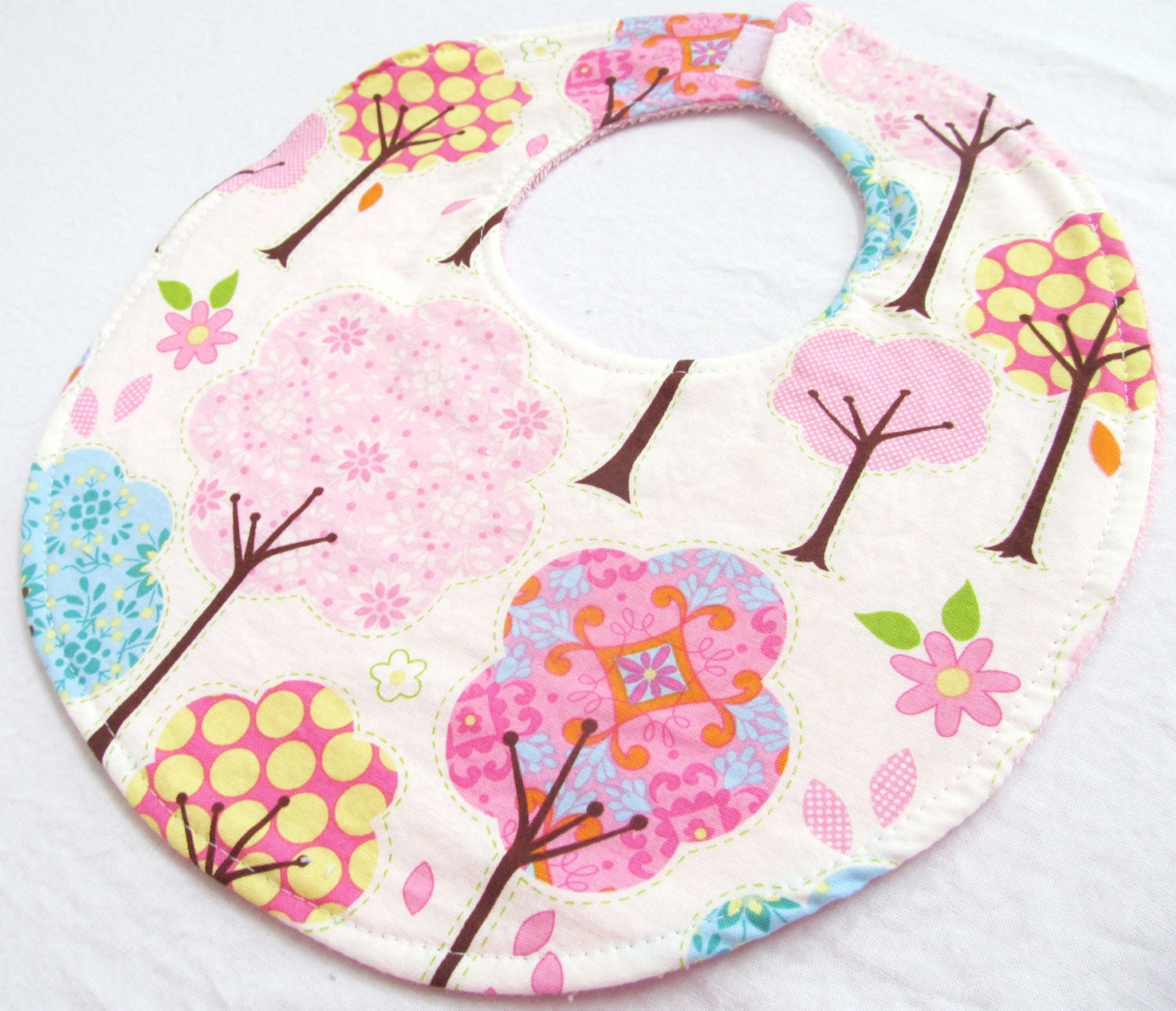 Baby Girl Bib - Pretty Little Things Trees in Cream - Cotton bib with pink terry cloth backing and snagfree velcro closure