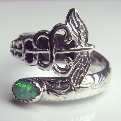 Medical Caduceus Sterling Silver Gemstone Adjustable Spoon Ring (choose your gemstone)