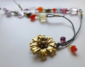 Gemstone and Leather Necklace, Antique Gold Flower, Long, Adjustable Length