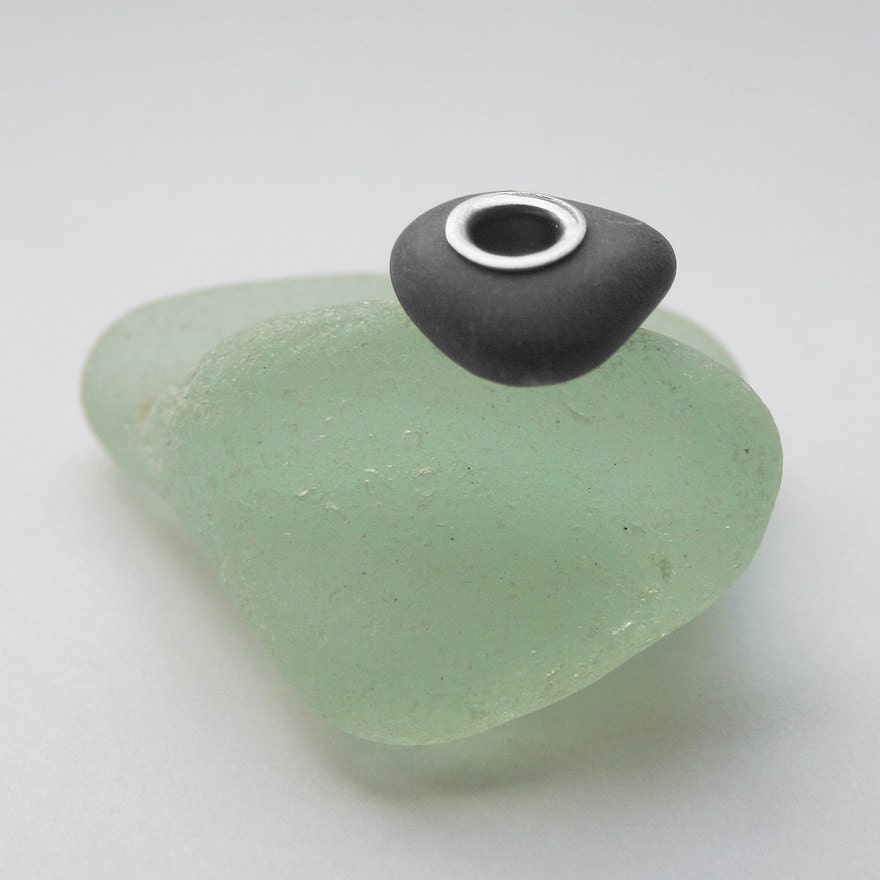 Silver Riveted Beach Stone . Grey Stone With Big Sterling Silver Rivet Tube Grommet  3