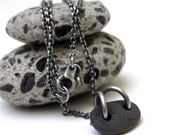 Natural Dark Grey Lake Erie Beach Stone Charm Necklace Oxidized Sterling Cable Chain