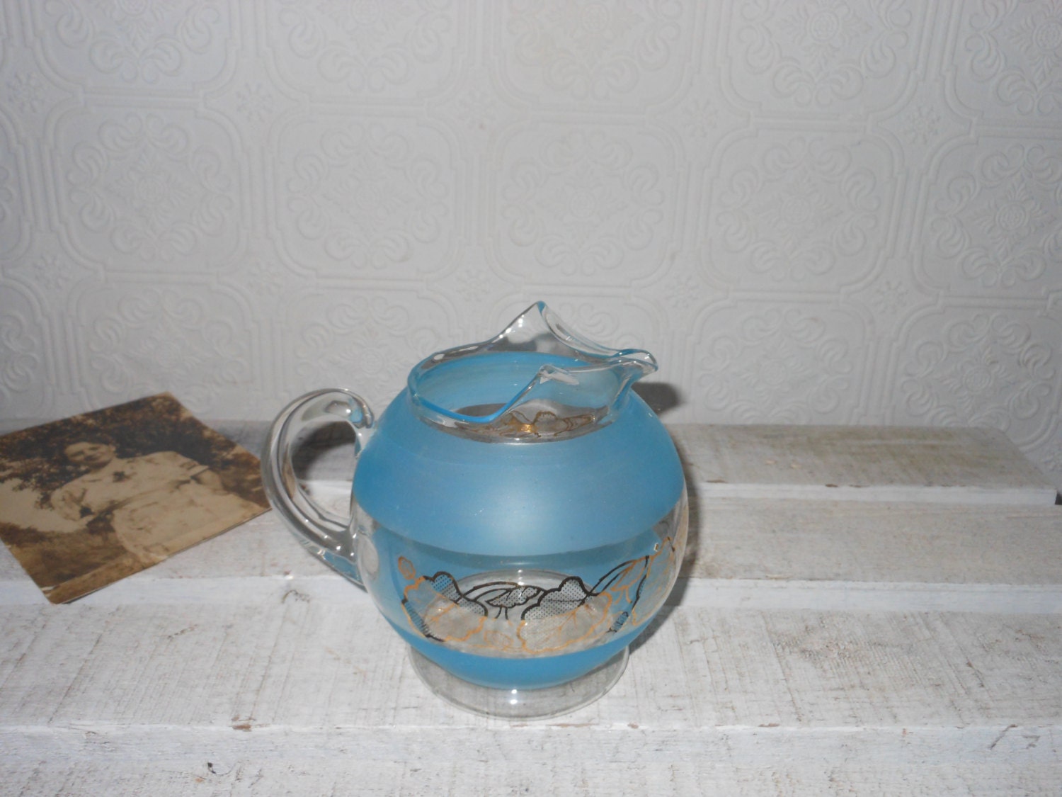 vintage dainty blue glass drink pitcher 1950s