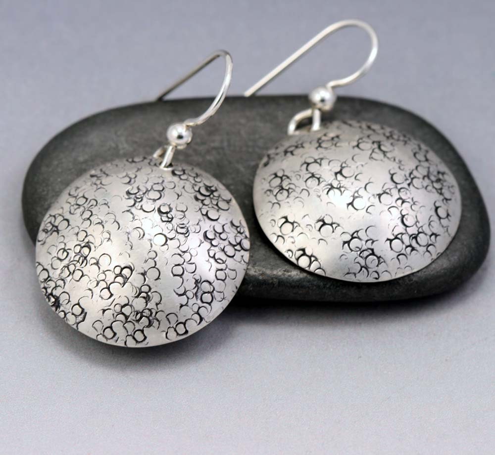 Sterling Silver Circle Dangle Earrings - Pebbles Texture - Larger Size