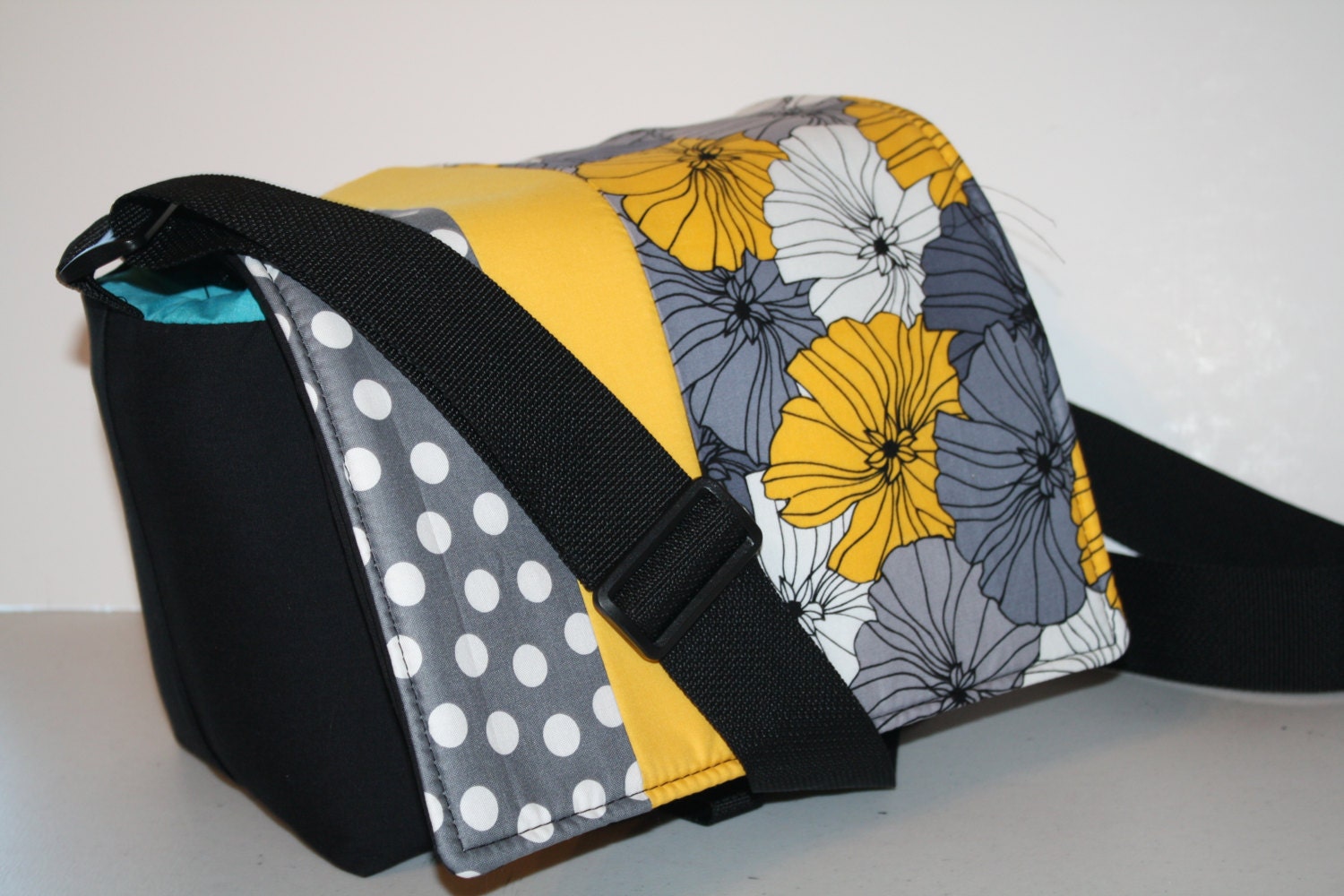 Diaper Bag / Nappy Tote / Purse / Baby Bag / Toddler Tote / MESSENGER Bag / More Pockets / Yellow Black Grey Floral Dots
